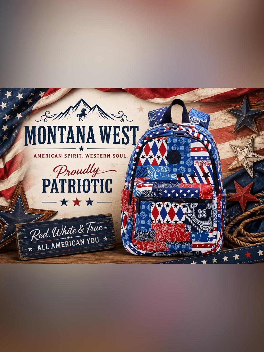 Montana West Stars Stripes Floral Print Backpack NWT